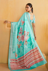 Fountain Blue Tussar Silk Floral Print Saree-4474